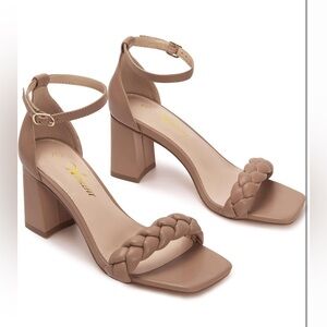 Athlefit Women's Braided Chunky Block High Heels Square Open Toe, Size 8.5 Nude